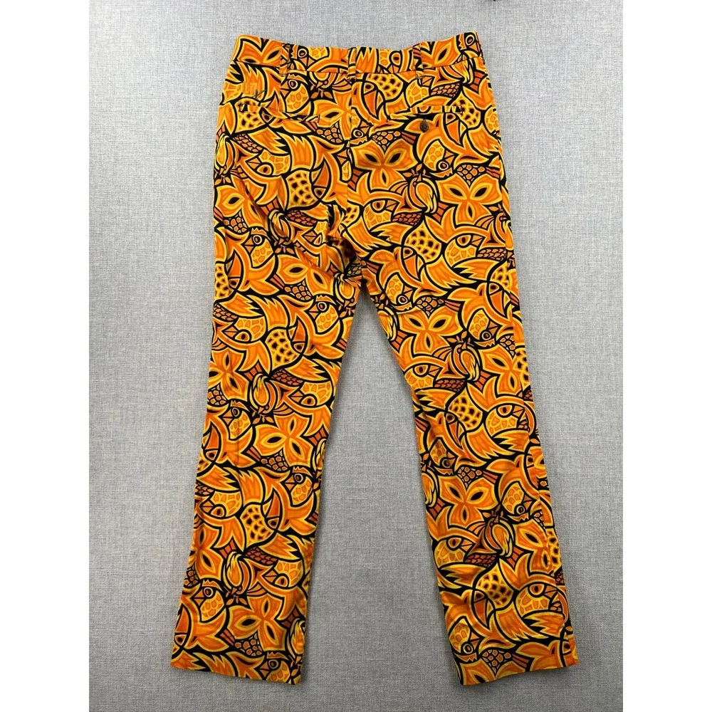 Loudmouth Fairway Chirp Golf Pants Men 32x32 Orange Yellow Abstract Floral Retro